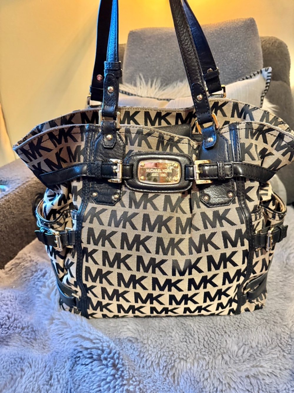 Michael Kors Black and Cream MK Monogram Tote